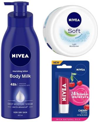 NIVEA Body Milk Nourishing Lotion, 400 ml, Soft Light Moisturiser, 50 ml, and Cherry Shine Lip Balm, 4.8 g  (3 Items in the set)