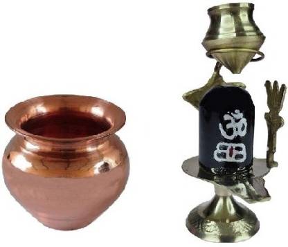 Stylewell Combo Of Copper ( 2 No Regular Size ) Kalash Lota With Brass ( No 1 ) Small Size Black Shiva Ling Lingam Shivling Statue For Puja Purpose Brass