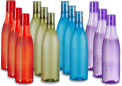 Ketsaal Set of 12, 1 liter, Plastic Fridge Bottle Set (3 Red, 3 Blue, 3 Green, 3 Purple) 1000 ml Bottle
