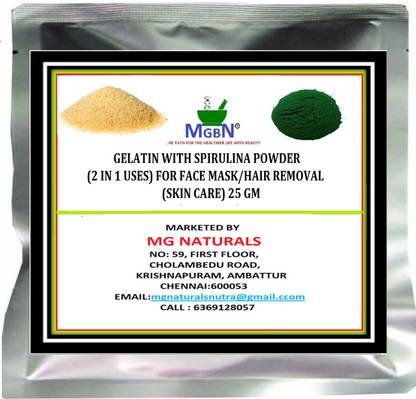 MGBN GELATIN WITH SPIRULINA POWDER (2 IN 1 USES) FOR FACE MASK/HAIR REMOVAL (SKIN CARE) 25 GM - Price in India, Buy MGBN GELATIN WITH SPIRULINA POWDER (2 IN 1 USES) FOR MGBN GELATIN WITH SPIRULINA POWDER (2 IN 1 USES) FOR FACE MASK/HAIR REMOVAL (SKIN CARE) 25 GM - Price in India, Buy MGBN GELATIN WITH SPIRULINA POWDER (2 IN 1 USES) FOR