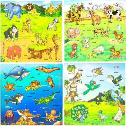 SALEOFF Wooden Puzzle Board for Kids -Wild Animals, Farm Animals, Birds &  Aquatic Animals/Creatures - Learning & Educational Gift for Kids ( Combo Of  4 ) - Wooden Puzzle Board for Kids -