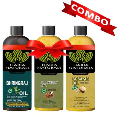 Haria 100% Cold Pressed Bhringraj Oil & Flaxseed Oil & Extra Virgin Sesame  Oil 100 ml Hair Oil (Combo Pack of 3 Bottles) 300 ml Hair Oil - Price in  India, Buy