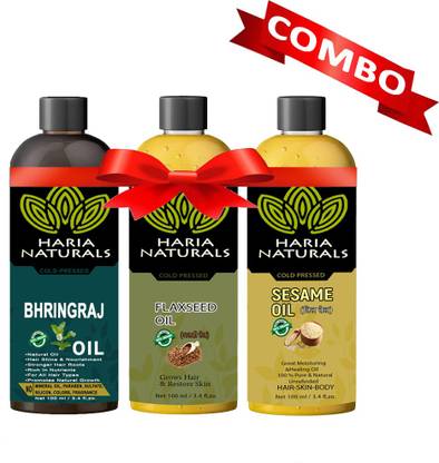 Haria 100% Cold Pressed Bhringraj Oil & Flaxseed Oil & Extra Virgin Sesame Oil 100 ml Hair Oil (Combo Pack of 3 Bottles) 300 ml Hair Oil - Price in India, Buy Haria 100% Cold Pressed Bhringraj Oil & Flaxseed Oil & Extra Virgin Sesame Oil 100 ml Hair Oil (Combo Pack of 3 Bottles) 300 ml Hair Oil - Price in India, Buy