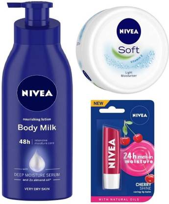 NIVEA Body Milk Nourishing Lotion, 600 ml, Soft Light Moisturiser, 100 ml, and Cherry Shine Lip Balm, 4.8 g  (3 Items in the set)
