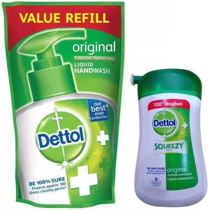 Dettol Original Germ Protection Handwash Liquid Soap Refill, 175ml+ Squeezy Liquid Hand Wash - 100 ml Hand Wash Pouch
