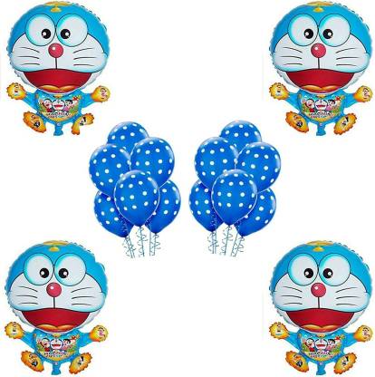 | OM Printed Party Decoration Cartoon Characters with Latex  Balloons Combo (Pack of (4+10), Doremon+Blue Polka dot) Balloon - Balloon
