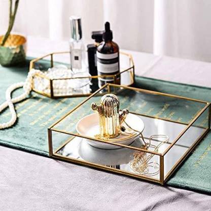 Brass Rim Mirror Base Vanity Tray, Glass Mirrored Vanity Trays
