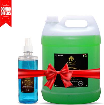 khadi organic khadi aloevera neem tulsi 72 alcohol based combo of 5 litre can 500 ml spray sanitizer kills 99 9 of germs 5000ml 500ml hand sanitizer bottle price in