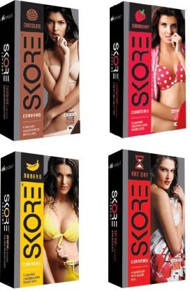 SKORE Combo Pack - Chocolate, Strawberry, Banana, Not Out-Climex delay - Dotted (Concealed/Confidential Packaging) Condom