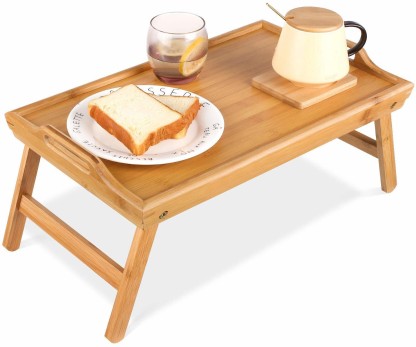 JIUYOTREE Bamboo Bed Tray Table with Foldable Legs,Breakfast Desk for Sofa,Bed,Snacks,Picnics,Eating,Working,Brown 