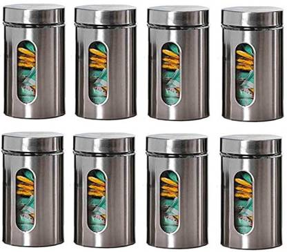 UNIQUEWARE 550ml Stainless Steel Outer Layer Visible Window Air Tight & Leak Proof Steel Lid Crystal Glass Jar Set 550ml Pack of (8 pcs.)  - 550 ml Glass Grocery Container