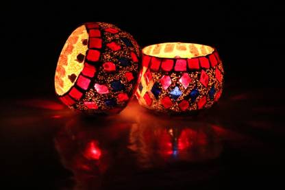 DIGITAL LIGHTS & EVENTS Mosaic Glass Votive Tealight Candle Holders ( Pack of 2 ) - Red Color Squre Beads Mosaic - Home Decoration, Dining Table, Diwali, Christmas, Hotel, Glass 1 - Cup Tealight Holder Set
