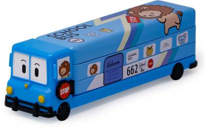  | FIDDLERZ Multicolour Cartoon Printed School Bus Matal Pencil  Box with Moving Tyres and Sharpner for Kids Cartoon Art Metal Pencil Box -