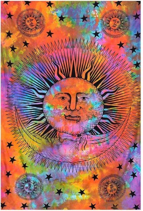 THE ART BOX Rainbow Psychedelic Sun Moon Stars Tie Dye Mandala Tapestry Hippie Hippy Celestial Wall Hanging Indian Trippy Bohemian Tapestries Good Morning Wall Tapestry for Bedroom Trippy Room Décor