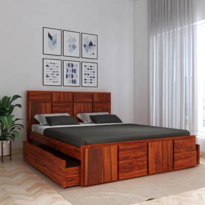 Best Honey Oak Finish Sheesham Wood Queen Size Bed with Drawer Storage – Vintej Home