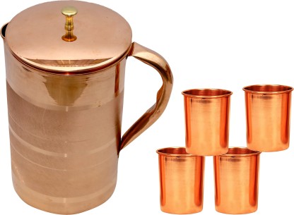 Handmade Copper Water Jug Pitcher Pot For Health Yoga with 1 Glass 300ML Each 