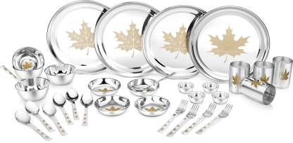 Classic Essentials Pack of 32 Stainless Steel Stainless Steel Maple Dinner set ,32-Pieces,Silver -Heavy Gauge with Permanent Laser Design Dinner Set  (Silver)