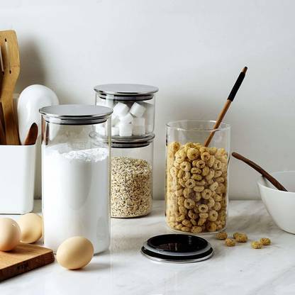 Crecklo Borosilicate Glass Jar With Stainless Steel Lid 1 Kg Airtight For Kitchen Storage 1000 Ml Set Of 3 Tea Coffee Sugar Container In Airtight Glass Jar For Kitchen Storage, Airtight Glass Food Storage Containers With Stainless Steel Lid