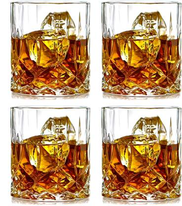 Glass World (Pack of 4) Opera Whisky Glass Crystal Touch Diamond Cut Seamless Designer Tumblers  (300 ml, Glass)