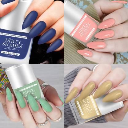 DIRTY SHADES Premium Dazzling Glow Long Stable High Definition Nail Polish  Combo Set Of 4 - 10ml each Velvet Blue, Neon Peach, Sugar Minted Green,  Rich Golden - Price in India, Buy