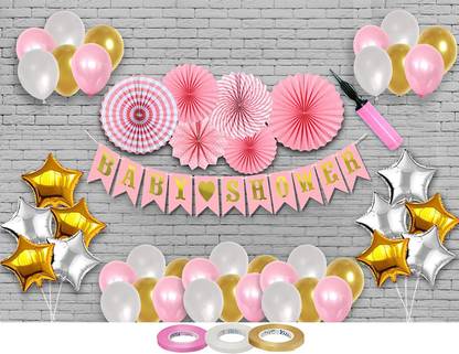 Amfin Baby Shower Paper Banner Combo With Hanging Decorative Fan Star Shape Balloon Metallic Balloons