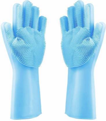 JOJO NATION Magic Silicone Dish Washing Gloves, Silicon Cleaning Gloves, Silicon Hand Gloves for Kitchen Dishwashing and Pet Grooming, Great for Washing Dish, Car, Bathroom (1 Pair) Wet and Dry Glove Set