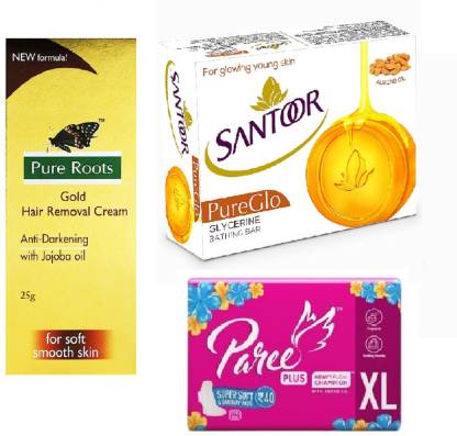 Santoor glycerin soap125g and pure routs hair remover cream gold 25g and  paree sanitry pads soft6pc pack Price in India - Buy Santoor glycerin  soap125g and pure routs hair remover cream gold