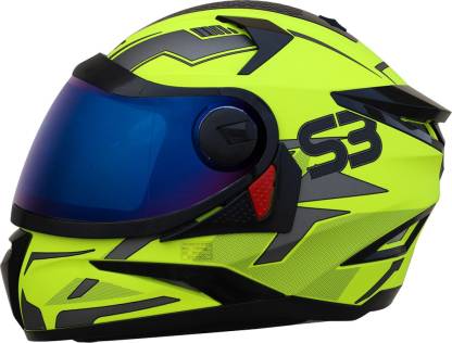 Steelbird SBH-17 Terminator Full Face Graphic Helmet in Glossy Fluo Neon with Blue Visor Motorbike Helmet