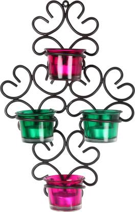 BS AMOR Tealight Candle Holder Metal Floral for Wall Hanging Wall Sconce with Designer Pattern, Transparent Glass 2Pink +2Green Cups for Home Decoration (Pack of 1)… Iron 0 - Cup Tealight Holder