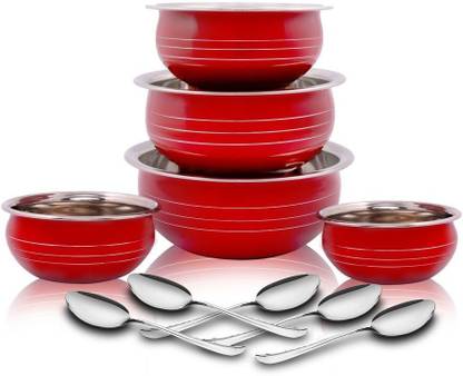 Classic Essentials by Classic Essentials Stainless Steel Handi Set Color Coating Red Stainless Steel handi set of 10 piece Cookware/ Container/milk pot pan/patila/bhagona/Serving bowl/biryani cook & serve Set of 5 Pcs set, 11cm, 13cm, 14cm, 17cm, 19 cm, (300ml,500ml,650ml,1100ml,1350ml) Stainless Steel Serving Bowl (Red, Pack of 10) Cookware Set  (Stainless Steel, 10 – Piece) at Rs. 474