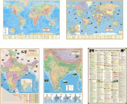 Indian Map For Upsc India &, World Map (Political & Physical) And India Constitution Chart (  Pack Of 5) All Map/