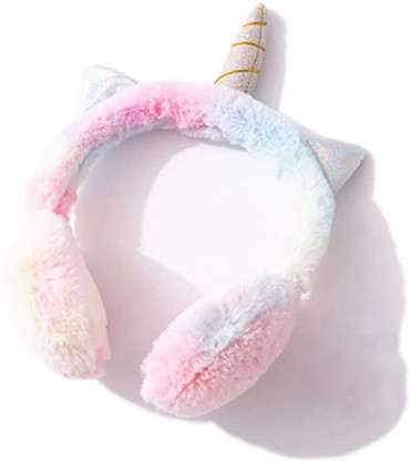 DK PINK PLUSH FAUX FUR GIRLS KIDS UNICORN SEQUINS EAR GOLD HORN EAR MUFF INDIANA 