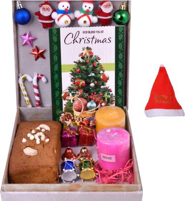Mantouss Christmas Cake Gift(200Gms)/ Christmas Plum Cake Gift Box+2 Scented Candles+Christmas Card+Christmas Tree Decoration Set+ Santa Cap Wooden, Plastic, Cotton, Paper Gift Box