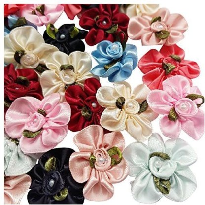 Chenkou Craft 60pcs Mini Satin Ribbon Bows Flowers 1 x3/4 Appliques DIY Craft Brown Color 