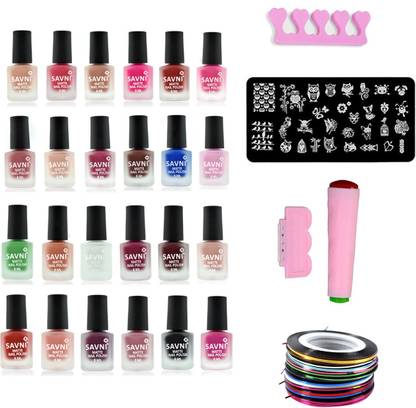 Savni Combo of 24 matte nail polishes with stamping plate , stamp and scrapper , nail spacer and striping nail tapes - Price in India, Buy Savni Combo of 24 matte nail Savni Combo of 24 matte nail polishes with stamping plate , stamp and scrapper , nail spacer and striping nail tapes - Price in India, Buy Savni Combo of 24 matte nail