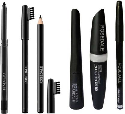 Crynn Smudge Proof HDA64 Makeup Beauty Kajal & Rosedale Eyeliner , Mascara , Eyebrow Pencil & Rosedale Black Eyebrow Pencil With Eyebrow Brush