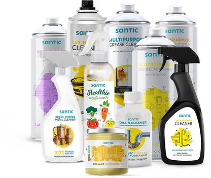 Santic 10 In 1 Combo Of Tap Shower Cleaner Brass Copper Metal Cleaner Naturals Beewax Wood Polish Grease Cleaner Healthie Veggie Wash Car Interior Cleaner Drain Cleaner Multipurpose Disinfectant Spray Buy