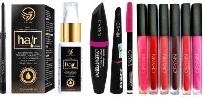 Crynn Smudge Proof HDA64 Makeup Beauty Kajal & Extra Strength Revitalising Hair Serum & Rosedale 3in1 Eyeliner , Mascara , Eyebrow Pencil & Do It All Hair Face & Men & Rosedale Valentines Catsuit Edition Set of 6 Liquid Matte Lipstick