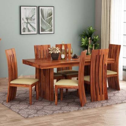 Solid Wood Six Seater Dining Table Set, Wooden Cushion Dining Set
