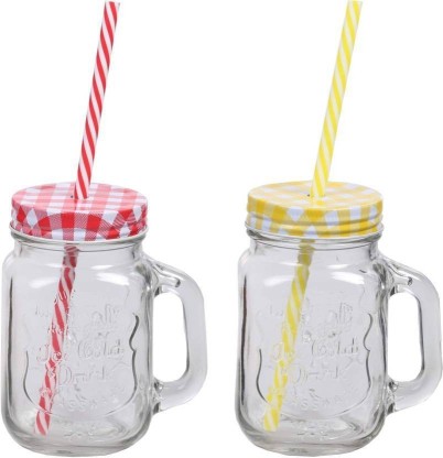 2 with Small and 2 with Large Heart Pattern WHW Whole House Worlds Farm Fair Jelly Mason Jar with Red Lids and Reusable Straws Set of 4 Dishwasher Safe Glass 