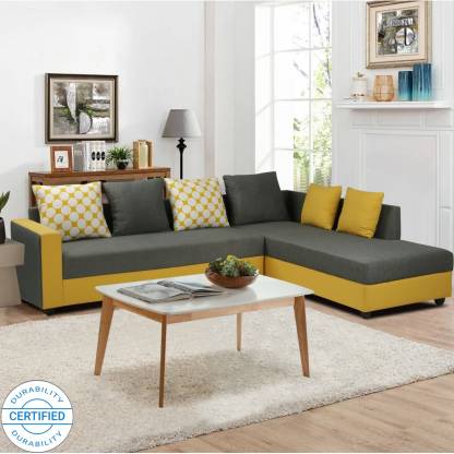 Right Facing Fabric 6 Seater Sofa, Grey And Yellow Sofa Bed