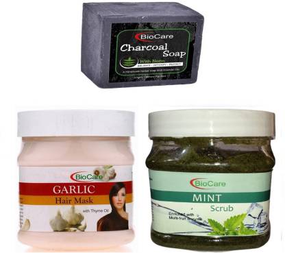 BIOCARE Charcoal Soap 50gm, Mint Scrub 500gm with Garlic Hair Mask 500gm  Price in India - Buy BIOCARE Charcoal Soap 50gm, Mint Scrub 500gm with  Garlic Hair Mask 500gm online at 