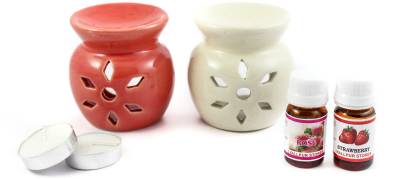 Lyallpur Stores Ceramic Aroma Tealight Diffuser Multicolour Oil Burner Combo Pack Of 2 With Rose And Strawberry Fragrance Oil And T Light Candle Diffuser Set