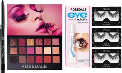 Crynn Smudge Proof Essential Makeup HD2 Beauty Kajal & Rosedale Rose Gold Remastered Eyeshadow Palette & Water Proof False Eyelash Pair & Eyelash Glue