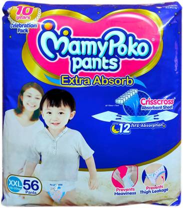 bloemblad Origineel troon MamyPoko EXTRA ABSORB BABY PANTS, SIZE XXL, 56 PCS PACK, FOR BABY WEIGHT  15-25 KGS. - XXL - Buy 56 MamyPoko Pant Diapers | Flipkart.com