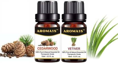 Aroma18 Essential Oils Set of 2 x 15 ml (30 ml) - Cedarwood Essential Oil, Vetiver Essential Oil