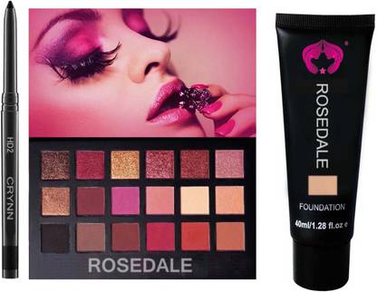 Crynn Smudge Proof Essential Makeup HD2 Beauty Kajal & Rosedale Rose Gold Remastered Eyeshadow Palette & Glazed Blushed Face & Body Foundation