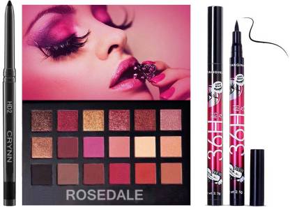 Crynn Smudge Proof Essential Makeup HD2 Beauty Kajal & Rosedale Rose Gold Remastered Eyeshadow Palette & Yanqina 36H Deep Black Liquid Eyeliner