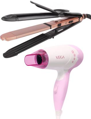 VEGA 3 in 1 Keratin Hair Styler - Straightener, Curler and Crimper  (VHSCC-03), Rose Gold & Blooming Air 1000w Compact and Foldable Hair Dryer  (VHDH-05) Personal Care Appliance Combo Price in India -