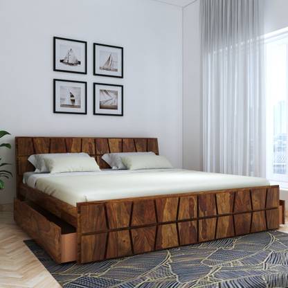 House Of Pataudi Sheesham Wood King Size Bed With Drawer Storage For Bedroom Teak Finish Solid In India Pataudi Sheesham Wood King Size Bed, Wooden King Size Bed With Storage